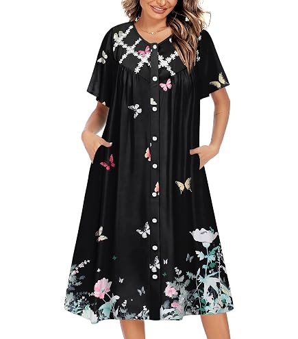 AVIIER House Dresses for Women Cotton Short Sleeve Housecoat Summer Robes with Pockets Brown Red M at Amazon Women's Clothing store
