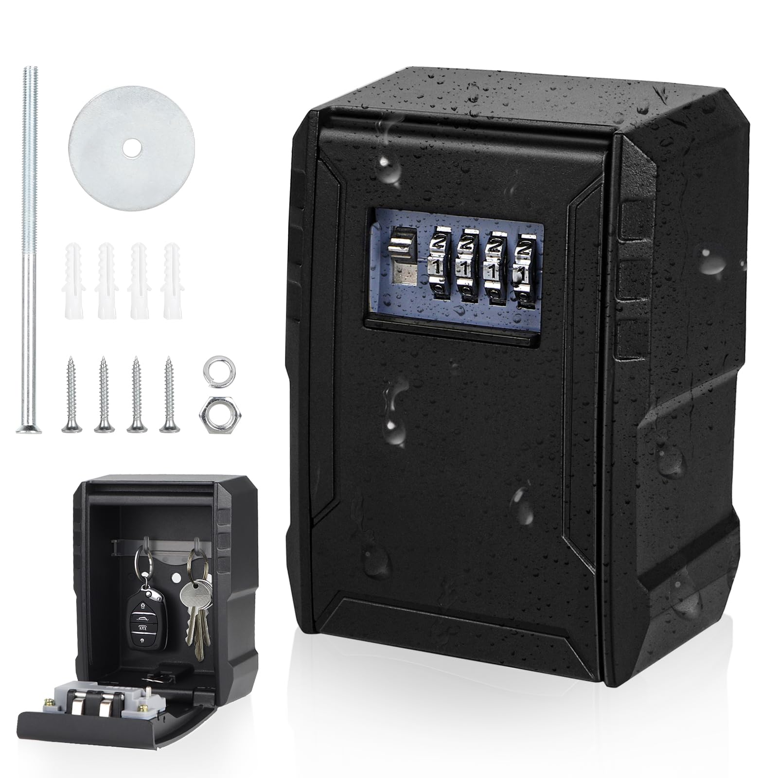 DBREAKS Key Cabinet with Combination Code, Weatherproof Key Safe Wall Mounting, 4-Digit Key Safe Outdoor, Key Box with Code, Waterproof Key Lock for Home Keys, Garages (Black)