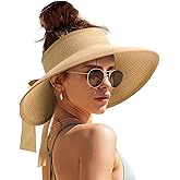 Camptrace Sun Visors for Women Wide Brim Beach Hat Foldable Straw Visor Hat Ponytail Summer Packable UPF 50+