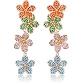 Colorful Flower Earrings for Women Long Dangle Gold Plated Four Flowers Drop Earrings Dangling Blossom Elegant Shining Rhinestone Floral Statement Earrings Aesthetic Summer Party Jewelry Gift for Teen