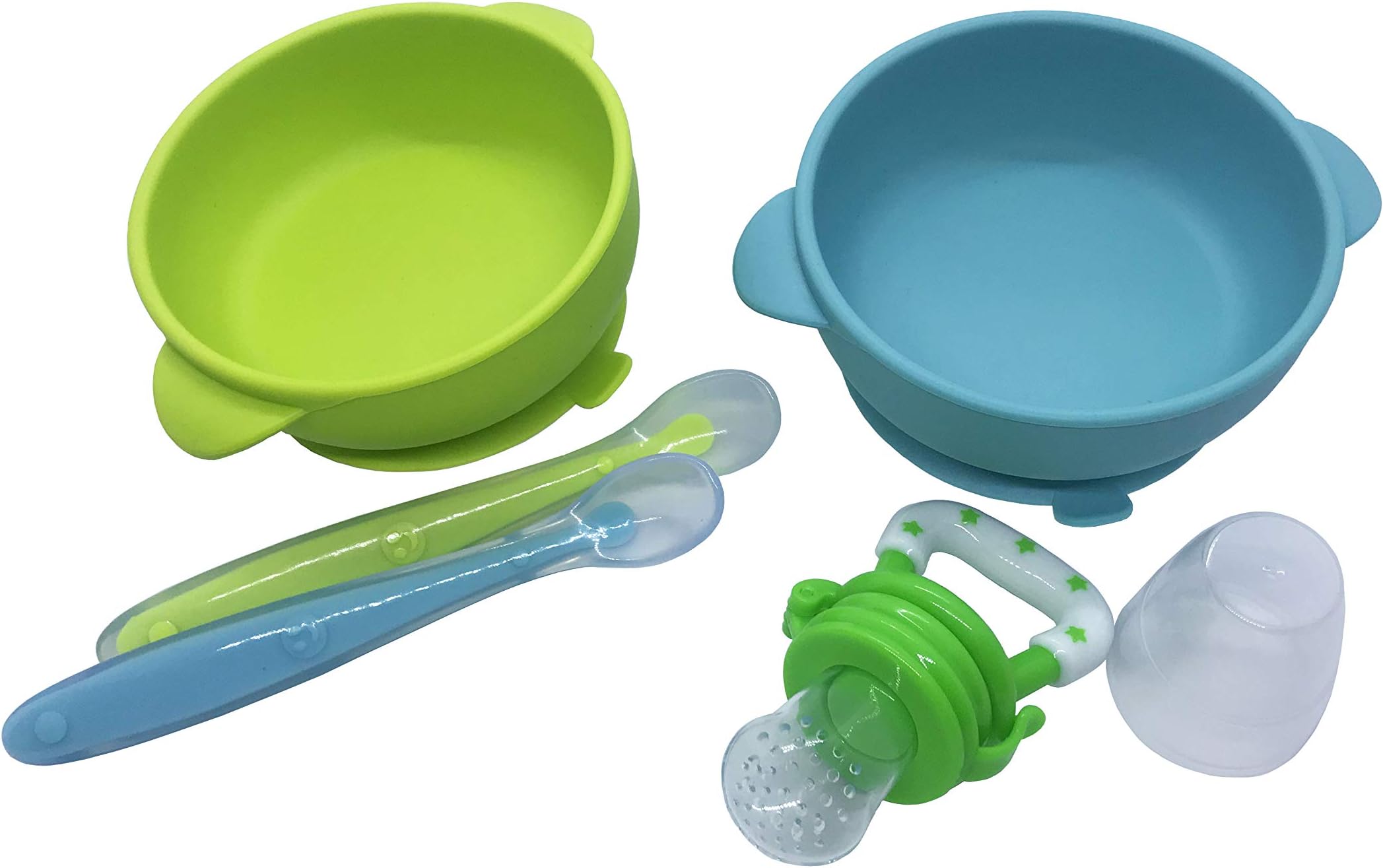 Silicone Baby Bowl Set (5-Piece Set)- Includes 2 Baby Bowls with High Suction Base, 2 Spoons & 1 Food Pacifier for Healthy Teething (Blue-Green)