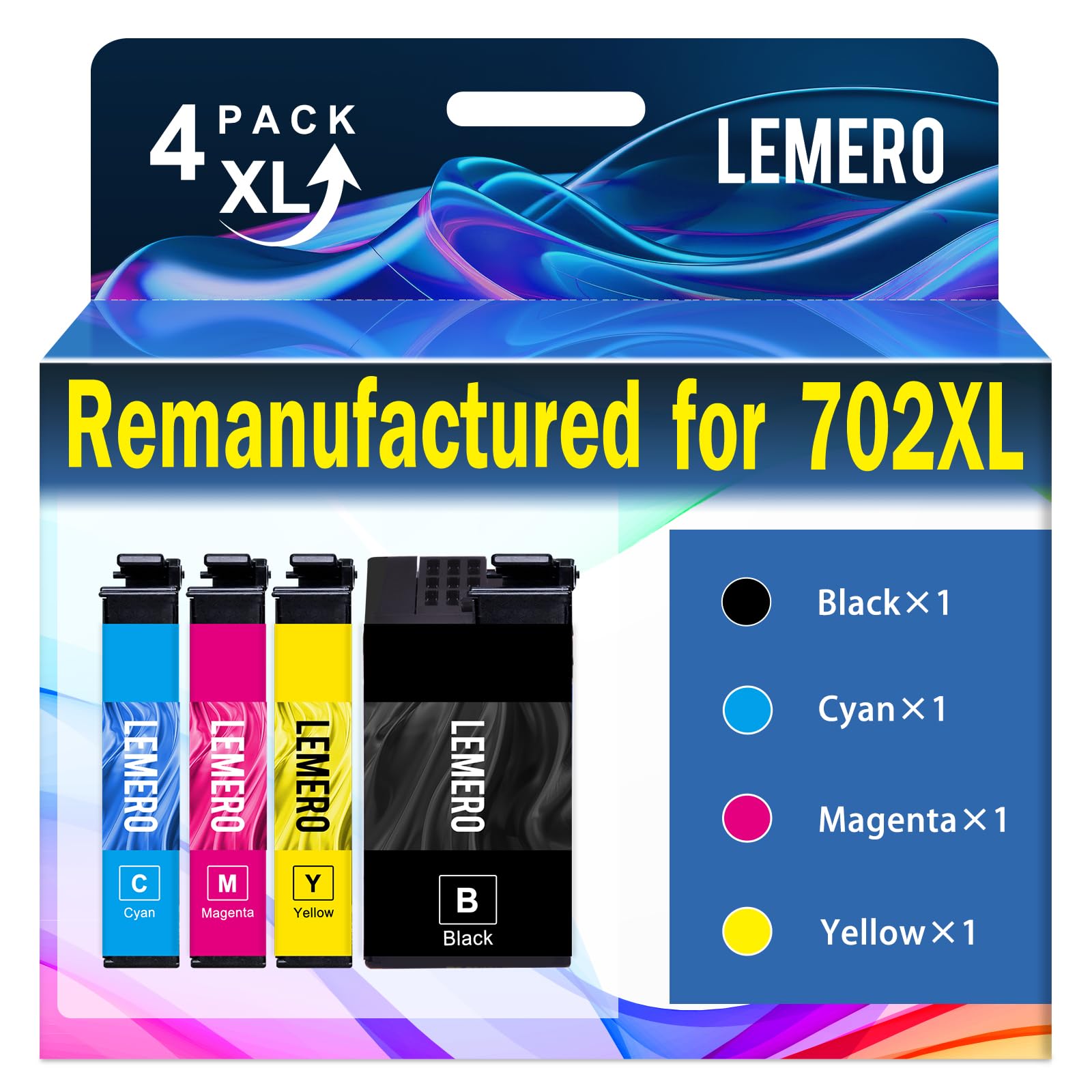 Photo 1 of LEMERO Remanufactured Ink Cartridge Replacement for Epson 702XL Ink Cartridges Combo Pack 702XL 702 XL T702XL Work with Epson Workforce Pro WF-3720 WF-3730 WF-3733 Printer (4 Pack)