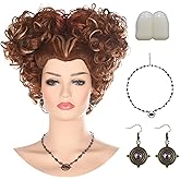 morvally Adult Women Halloween Costume Wig with Necklace Earrings and Teeth Short Reddish Brown Pre-styled Synthetic Wig for Witch Sisters Cosplay Halloween Party