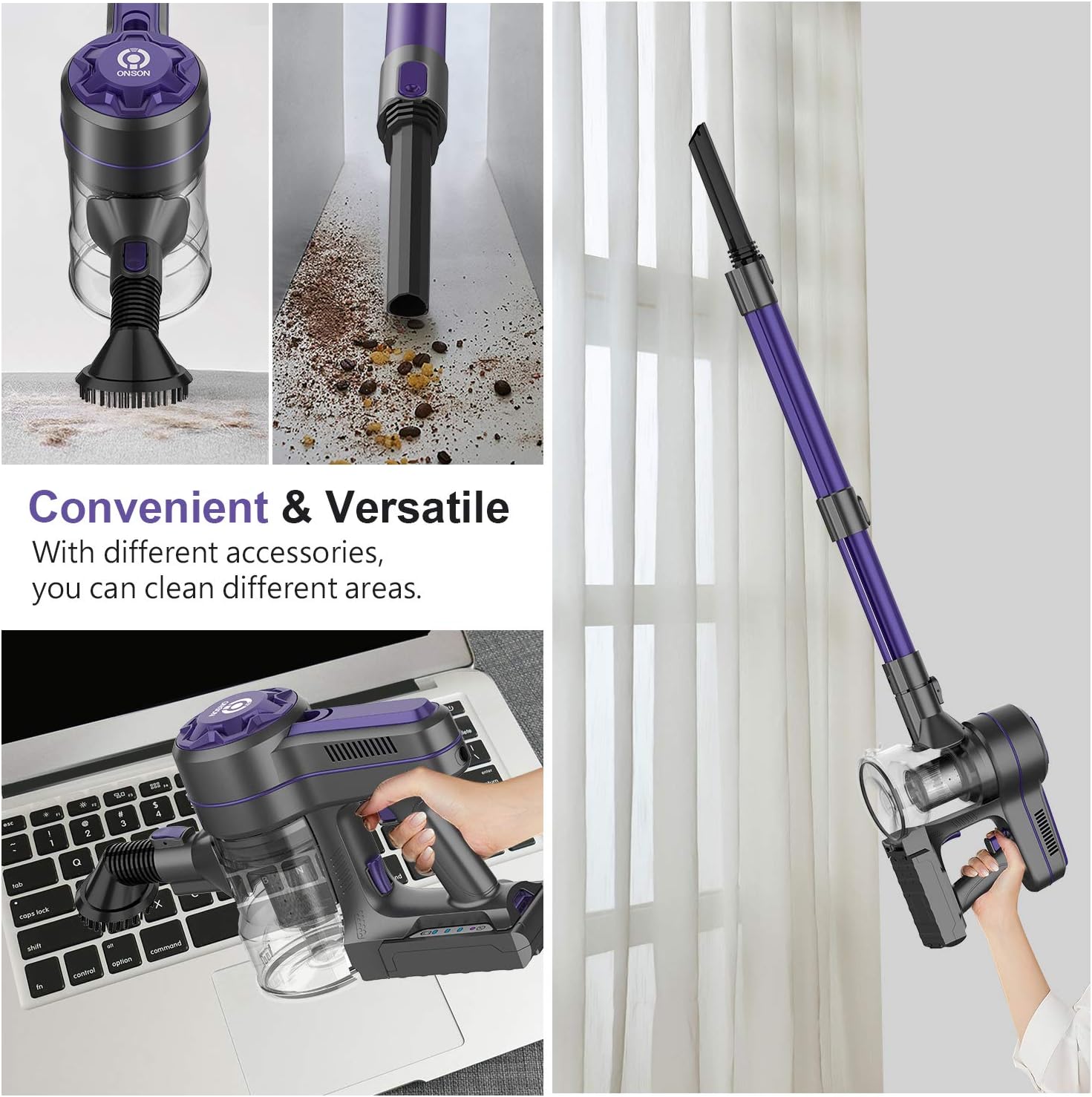 ONSON Cordless Vacuum Cleaner, Stick Vacuum Cleaner with 20Kpa Super Suction, 80000 RPM High-Speed Brushless Motor, 4 in 1 Pro Lightweight Handheld Vacuum Cleaner for Hardwood Floor Carpet Pet Hair -