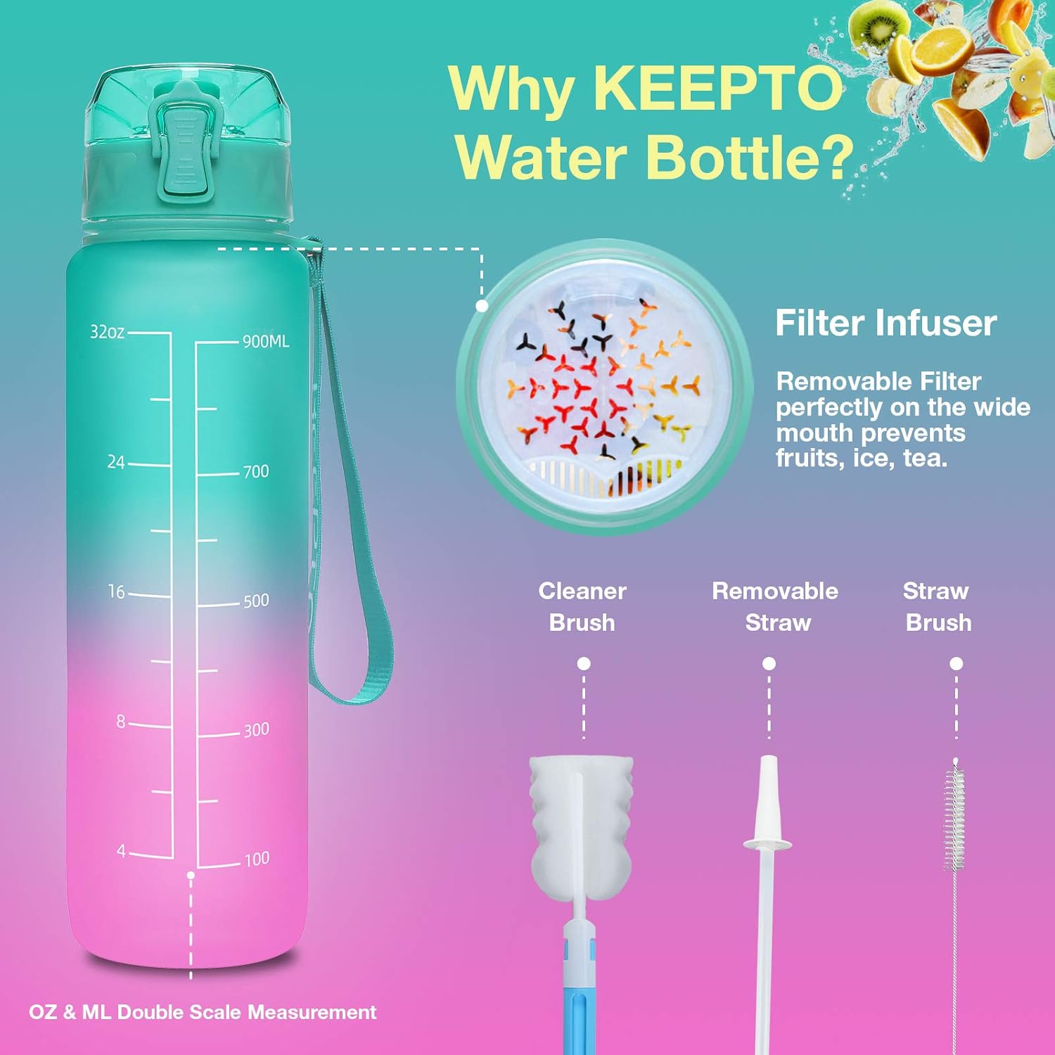 KEEPTO 32oz Water Bottle with Straw - Motivational Water Mugs with Time Marker & Removable Strainer, Fast Flow BPA Free for Fitness, Gym, School and Office(Included Straw Brush) : Sports & Outdoors