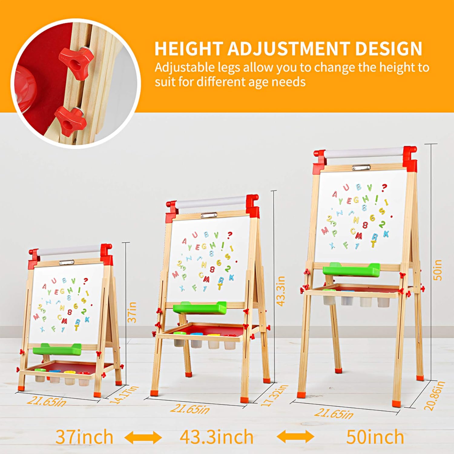 Joyooss Kids Wooden Easel with Extra Letters and Numbers Magnets, Adjustable Double Sided Drawing Board Whiteboard & Chalkboard Dry Easel Board, Children Art Easel for Boys Girls Painting Drawing: Toys & Games