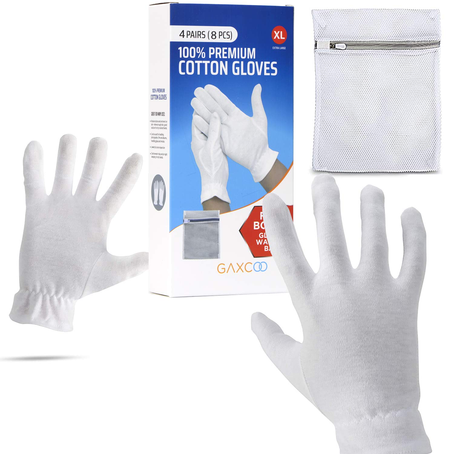 Extra Large, XL Moisturizing Gloves OverNight Bedtime Cotton Cosmetic Inspection Premium Cloth Quality Eczema Dry Sensitive Irritated Skin Spa Therapy Secure Wristband … (4 Pack) : Beauty