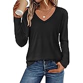 ATHMILE Womens 2026 Fall Long Sleeve Shirts Basic Apparel Shirts Trendy V Neck Tshirt for Women Curved Hem Tops