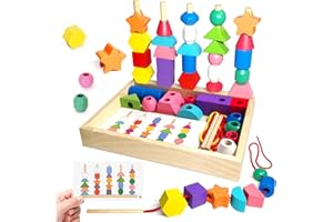 Montessori Wooden Beads Sequencing Toy Set, Sorting Stacking Blocks & Lacing Beads & Shape Matching Stacker for 2 3 4 5 Years Kids Preschool Learning Fine Motor Skills Toys Gifts for Toddler Boy Girl
