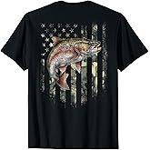 (Art on Back) Camo American Flag Trout Fish Fishing T-Shirt