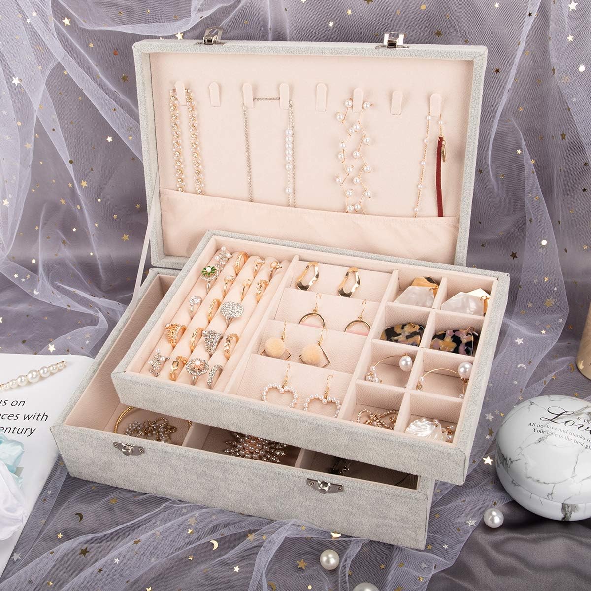 Mebbay Two Layer Velvet Jewelry Box Organizer Display Storage Case with Lock for Necklace Stud Earrings Bracelets Rings (Grey): Home Improvement