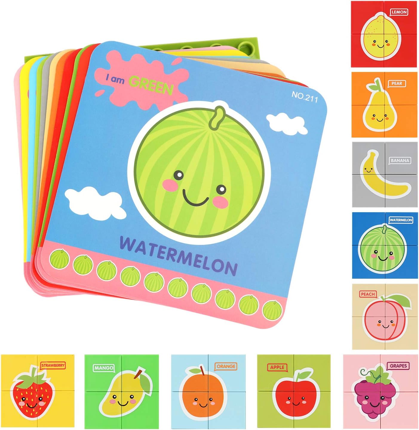 Wooden Jigsaw Puzzles with Learning Flash Cards, Wooden Block Puzzle Peg Board Set Educational Preschool Montessori Toddler Toys Gift for Boy Girl, Matching Canvas Bag, Colorful Vehicle Puzzle Set