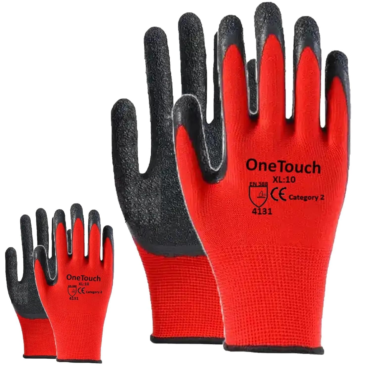 A406 Red Safety Work Gloves, 12 Pairs, Red Latex Coated, Anti-Slip, Breathable, Crinkle Finish, Large & X-Large (X-Large-10)