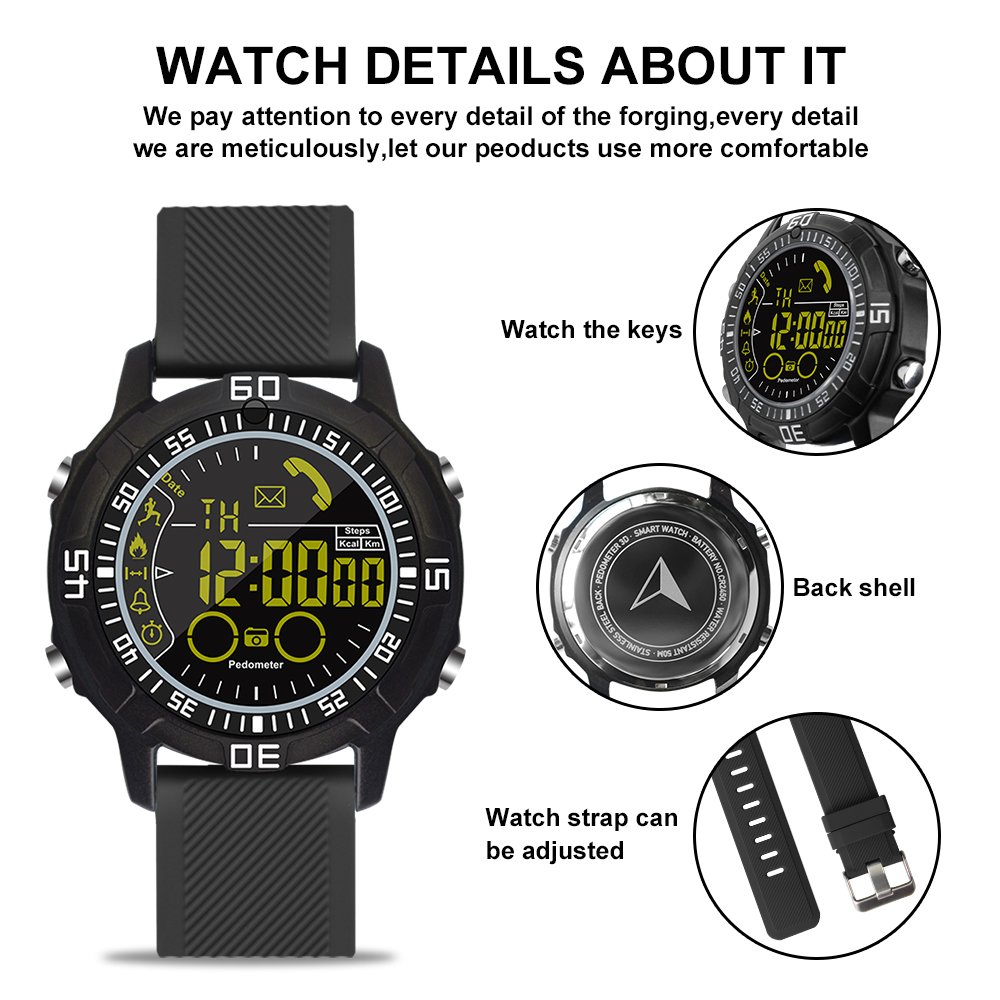 ROADTEC Sport Smart Watches for Men 5ATM Waterproof Bluetooth 4.0 Watch with Call SMS Notification Remote Camera Android IOS iPhone (Black)