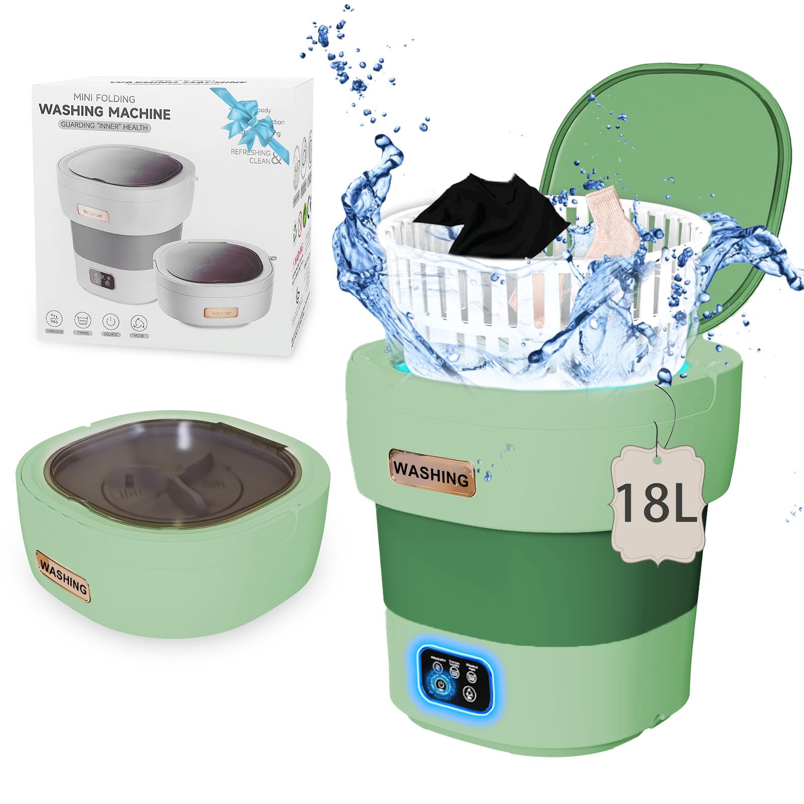 Photo 1 of Portable Mini Washing Machine, 18L Small Underwear Washing Machine with Spin, Foldable Washer Laundry and Dryer Combo for Apartments, Camping, Travel (Green)