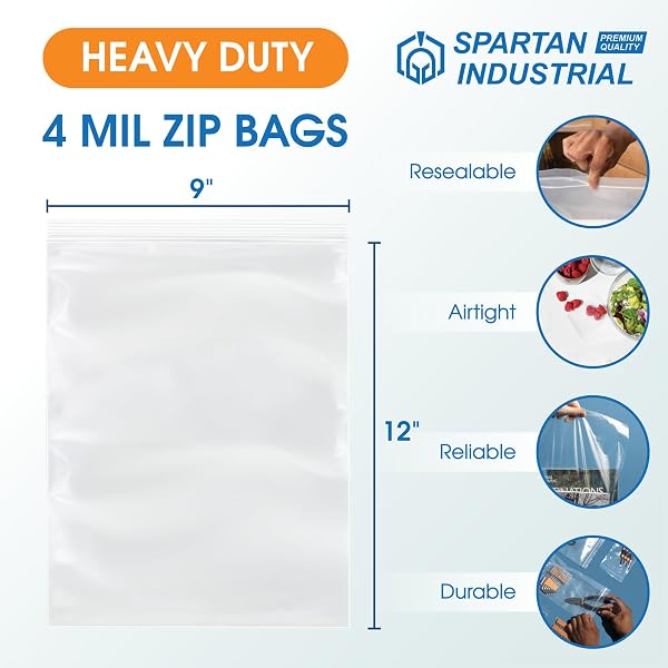SPARTAN INDUSTRIAL – 9” X 12” (500 COUNT) 4 MIL THICK CLEAR RECLOSABLE ZIP PLASTIC POLY BAGS WITH RESEALABLE LOCK SEAL ZIPPER – HEAVY DUTY AND DURABLE