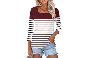 ROKIACDE 3/4 Length Sleeve Womens Tops,Basic Striped Tshirts Shirts Summer 2024 Gym Blouse Plus Size Athletic Tunic Top