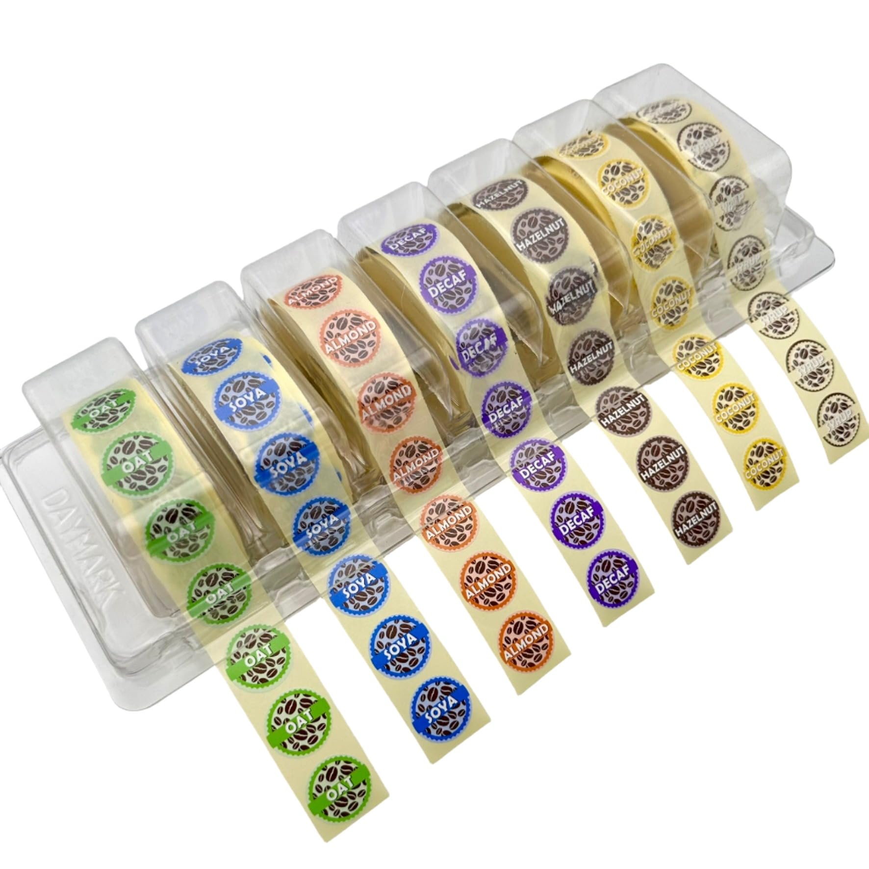 Coffee Shop Complete Set of Labels in Dispenser. Almond, Coconut, Decaf, Hazelnut, Oat, SOYA, Syrup 20mm Labels 1000 Labels per roll. (7000 Labels Total)