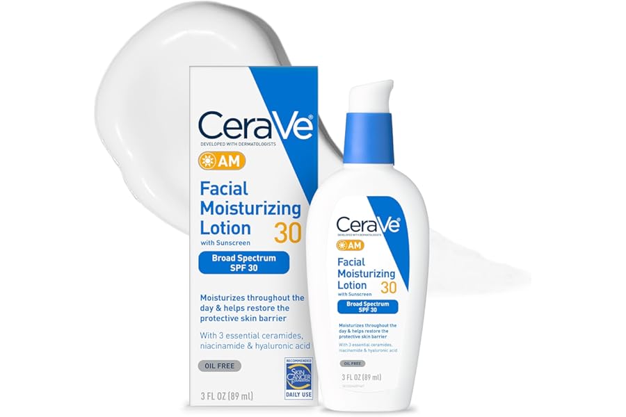 CeraVe AM Facial Moisturizing Lotion with SPF 30, Oil-Free Face Moisturizer with SPF, Formulated with Hyaluronic Acid, Niacinamide & Ceramides, Non-Comedogenic, Broad Spectrum Sunscreen, 3 Ounce