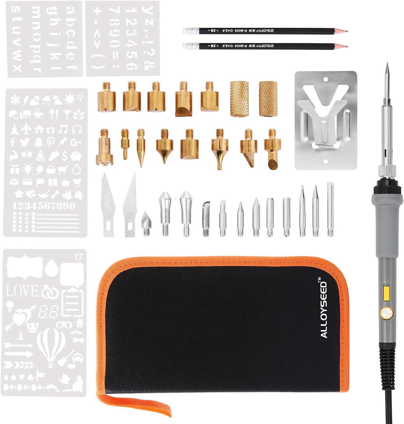 43 PCS Wood Burning Kit Soldering Iron Wood Burner Crafts Pyrography Tool Kits Temperature Adjustable Wood burning Pen + Embossing/Carving/Soldering Tips + 4 Stencil + 2 Pencils+ Stand + Carrying Case
