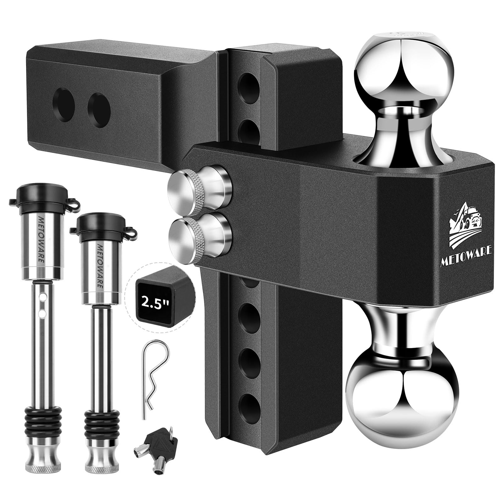 Photo 1 of METOWARE Adjustable Trailer Hitch - Aluminum Tow Hitch Fits 2.5-Inch Receiver - Heavy Duty Drop Hitch with 6-Inch Drop/Rise for Truck (18,000 LBS GTW), Double Stainless Steel Locks & Hitch Pin (Black)