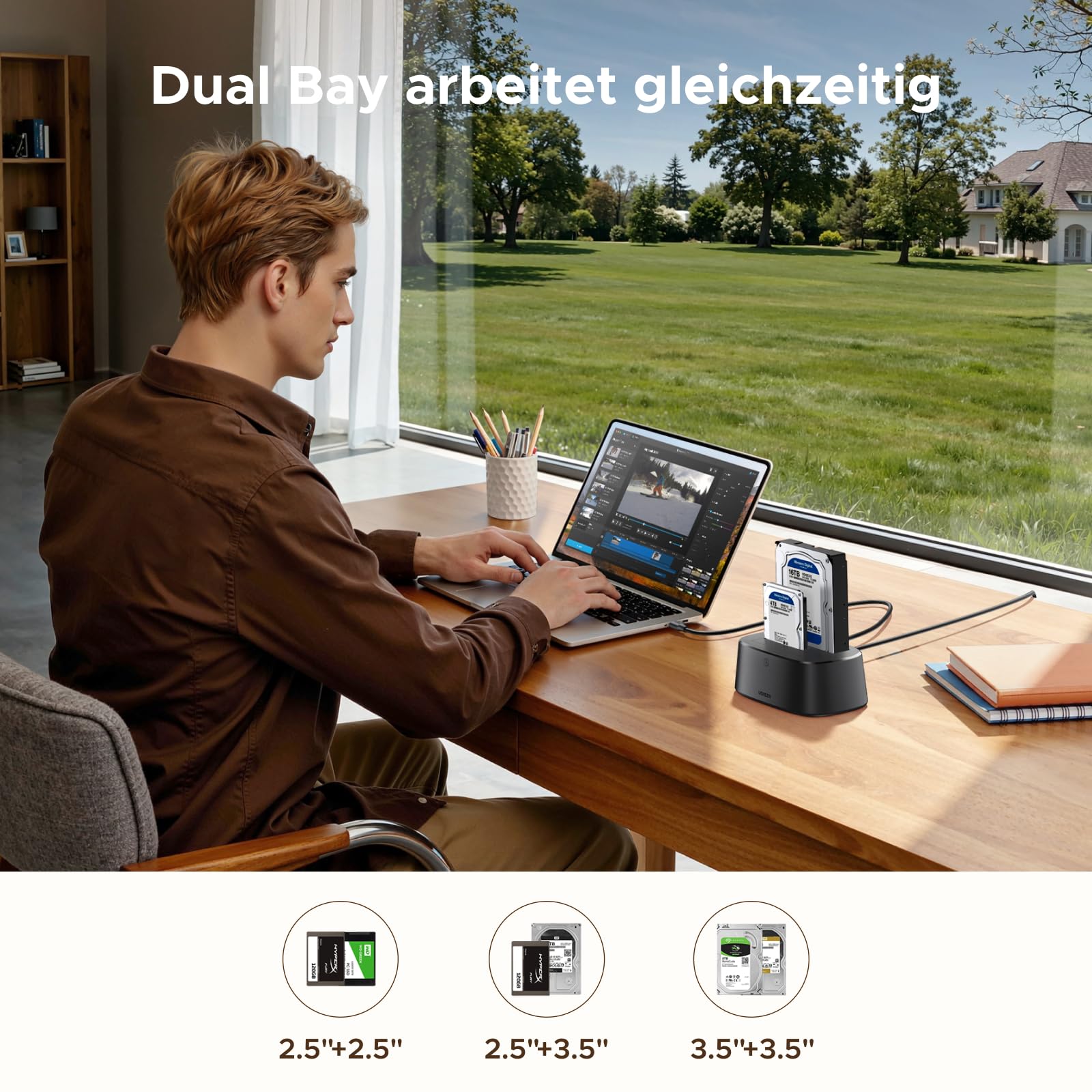 UGREEN Festplatten Dockingstation, USB 3.0 HDD Docking Station für 2,5''/3,5'' SATA HDD & SSD, 5Gbps Dual Bay Festplatten Adapter unterstützt Offline-Klonen und UASP 2
