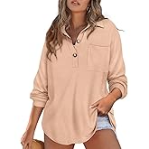 CARCOS Plus Size Tops for Women Waffle Knit Henley Shirts Long Sleeve Button V Neck Tunics Casual Solid Blouse with Pocket