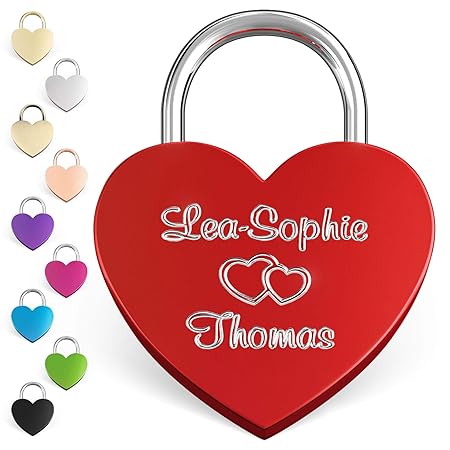 LIEBESSCHLOSS-FACTORY Liebes Herzschloss rot mit Gravur, gratis Geschenk-Box uvm. Jetzt graviertes Schloss selbst gestalten!