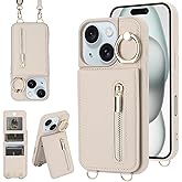 Jcxtrombulous Crossbody Wallet Case for iPhone 14 Plus/15 Plus with Lanyard Strap Card Slot Holder RFID Blocking,Magnetic Flip Folio Zipper Purse Case, PU Leather Cover Handbag,Beige