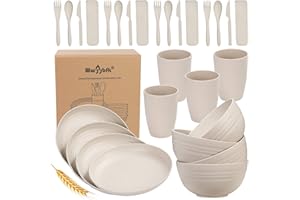 WWYYBFK Wheat Straw Dinnerware Sets, 28PCS Plastic Plates and Bowls Sets College Dorm Room Essentials Dishes Set with Cutlery Set Microwave Safe (Beige)