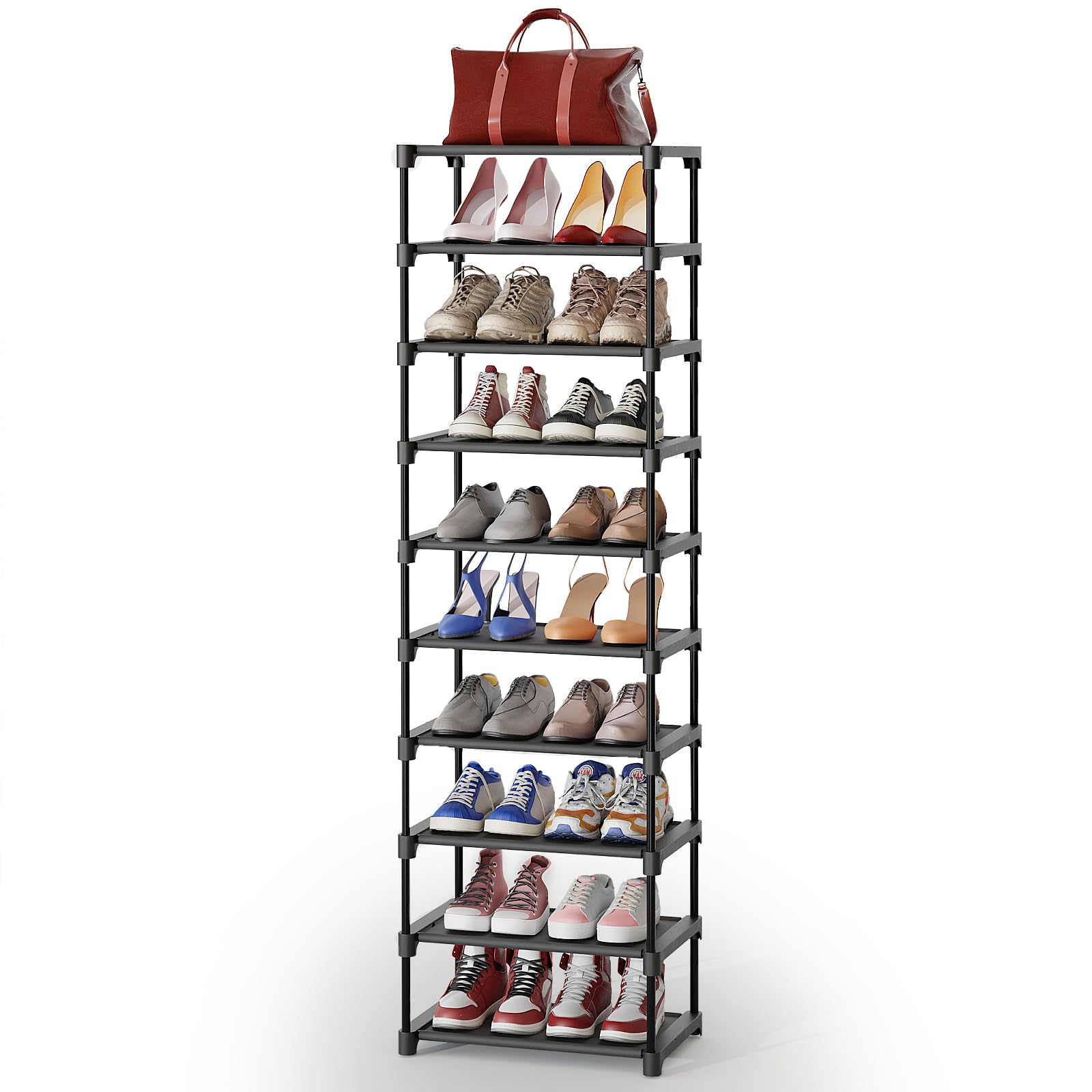 Kitsure Shoe Rack - 10-Tier Shoe Organizer with Detachable Fabric Shelves & Thick Metal Frame, Easy-to-Assemble Tall Shoe Rack for Closet, Entrance, Living Room, 16.9"×11.8"×61.8", Black