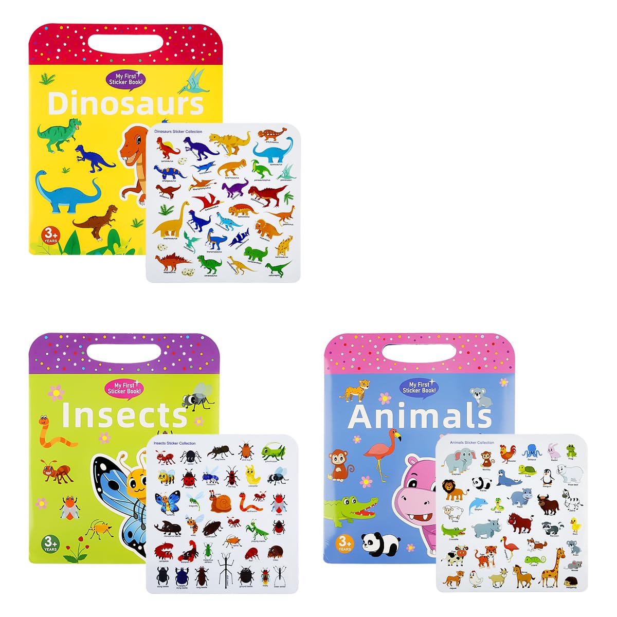 Lotsdonxia 3 Pcs Reusable Sticker Books for Toddlers, Multi-Element Theme Sensory Learning Gift, Travel Educational Toys for Car and Plane Activities (Animals)