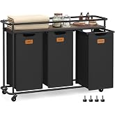 VASAGLE Laundry Sorter with Wheels, Portable Rolling Cart, 39.6 Gal.(150 L) | Laundry Hamper Baskets with Shelf, 3 Removable Liners and 6 Labels, Ink Black and Ash Brown, STEVIE Collection UBLH103BH01