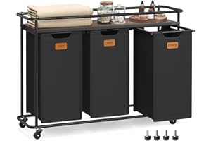 VASAGLE Laundry Sorter, Laundry Hamper with Wheels, 39.6 Gal. (150 L) Portable Rolling Cart Baskets with Shelf, 3 Removable Liners and 6 Labels, Ink Black and Chestnut Brown UBLH103BH01