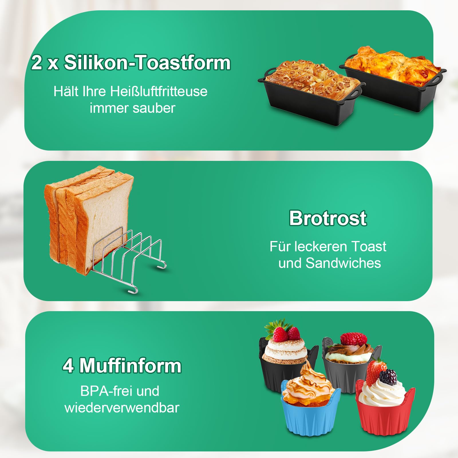 Heißluftfritteuse Zubehör Set für den COSORI Dual Blaze Airfryer 8,5 L. 21-Teiliges Set inklusive Wiederverwendbarer Silikon-Einsätze, Einem Grillrost, Silikon-Toastformen, Muffinformen und Mehr 4