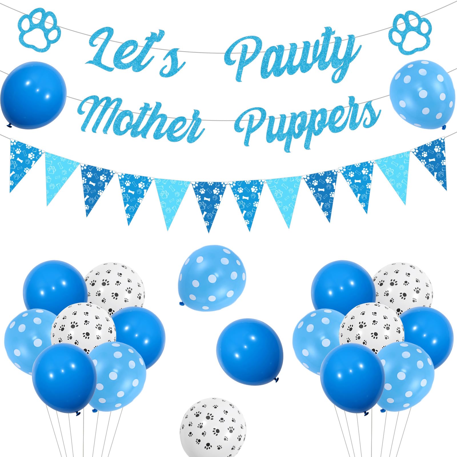 Jollyboom Dog Birthday Decorations: Blue Paw Print Balloons, Glitter Banner, Bunting Banner for Boy Dog Party Supplies