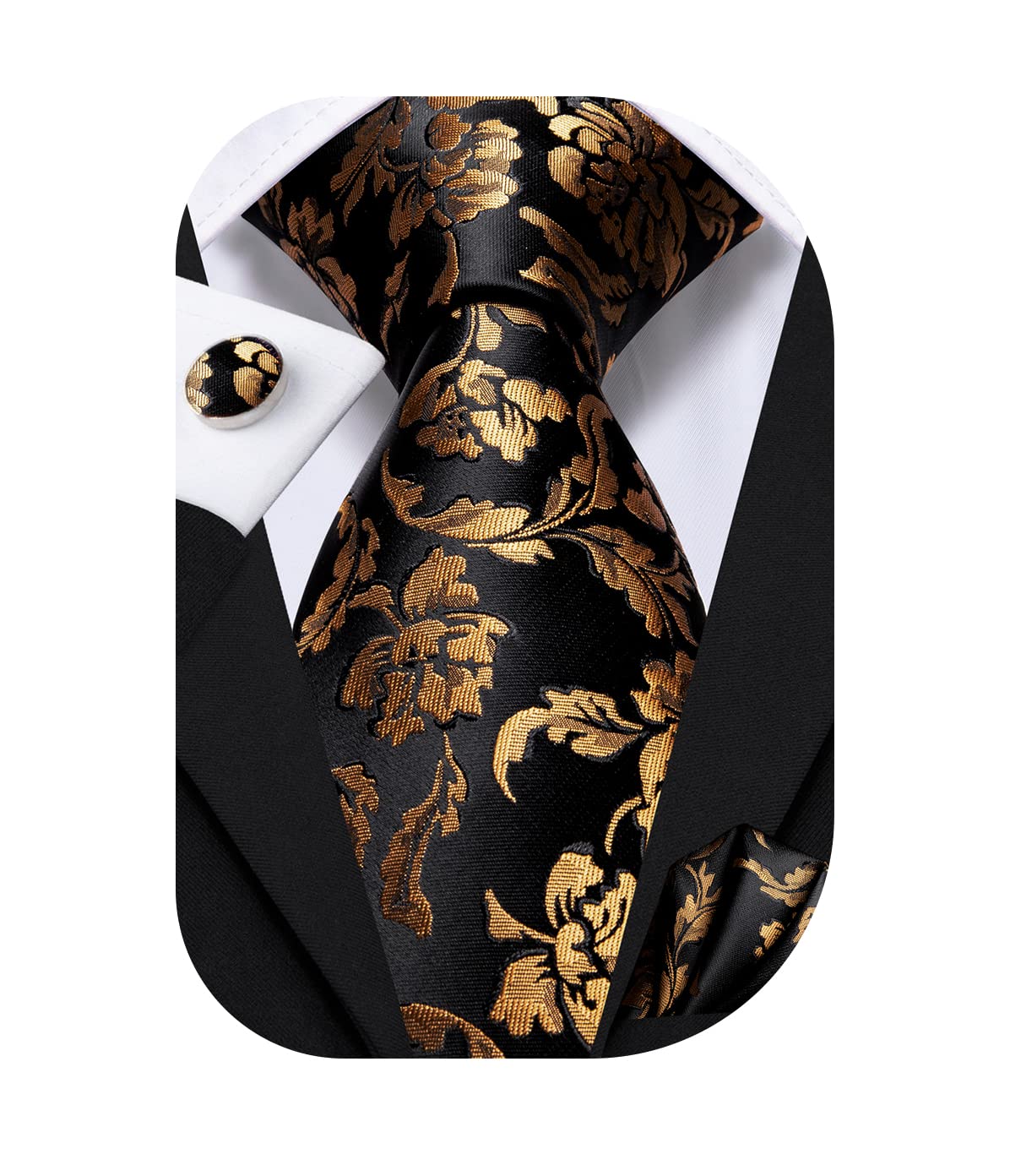 Photo 1 of Dubulle Mens Tie Set Solid Paisley Silk Striped Necktie for Men with Cufflinks Tie and Pocket Square,Black Gold Orange