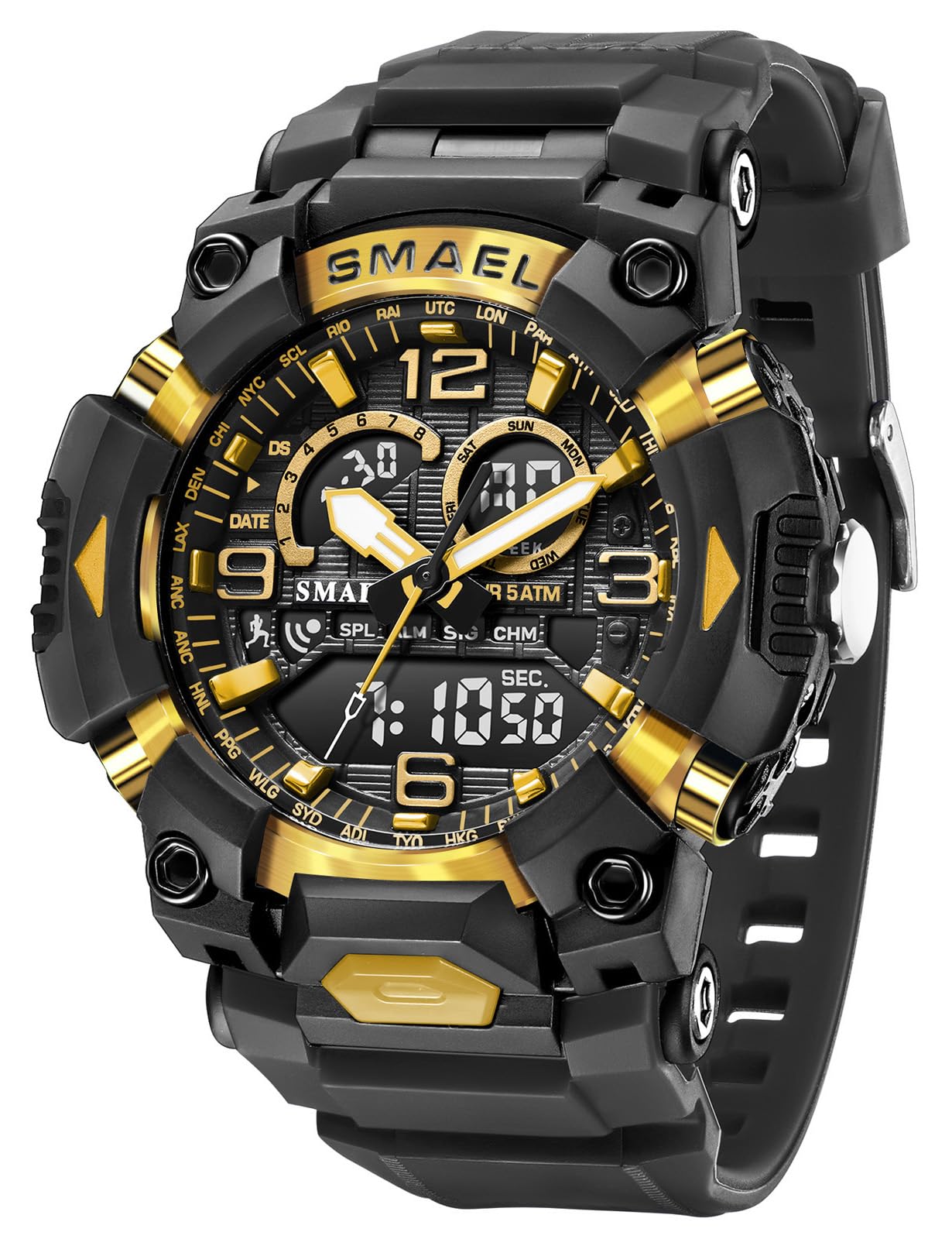 FANMIS Mens Analog Digital Sports Watch Large Face Outdoor Sports Waterproof Military Wrist Watches with Date Multifunction Tactics LED Army Stopwatch, Gold, Digital