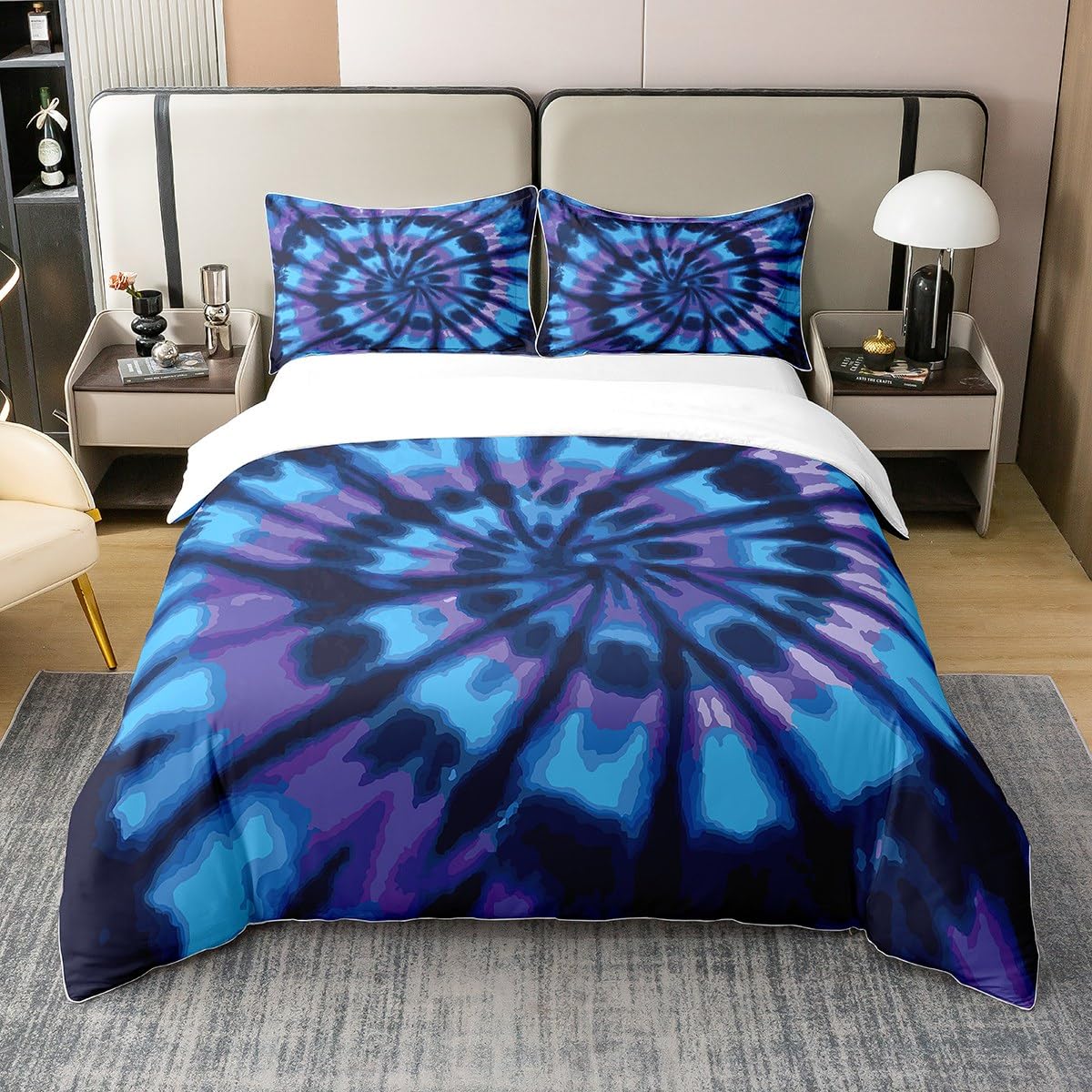Loussiesd Tie Dye Duvet Set Boho Psychedelic Swirl Bedding 100% Cotton Set Blue Purple Tie Dye 100% Cotton Duvet Cover Hippie Bohemian Quilted Duvet Set Bedroom Collection 3Pcs Double Zipper