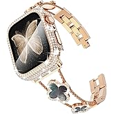 Surace Compatible for Apple Watch Bands 44mm for Women, Jewelry Diamond Rhinestone Stainless Steel Metal Wristband Strap with Bling PC Protective Case for iWatch Series 6/5/4 SE, Rose Gold/Black Pearl