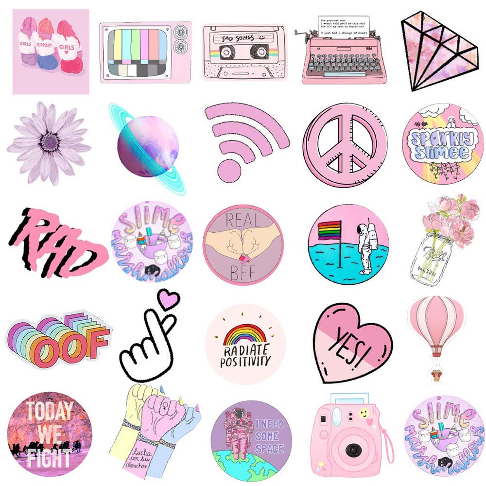 Sunvito Stickers for Water Bottles, 53 Pack Laptop Stickers for Guitar, Skateboard, Phone, Luggage, Cute Waterproof Stickers for Teens, Girls, Kids (Pink)