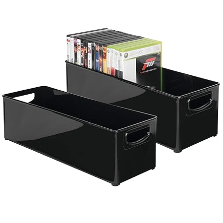 mDesign 2er-Set stapelbare DVD-Aufbewahrungsbox mit Griff – Aufbewahrungssystem mit Griff für DVDs, CDs und Videospiele – Auf