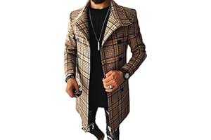 BIVENANT Plaid Trench Coat for Mens Lapel Single Breasted Slim Jacket Overcoat Vintage Graphic Wool Blend Formal Pea Coats