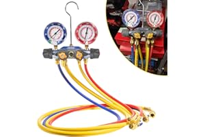HIHITOMORROW 49968 Charging Manifold and 4 Valve Test, A/C Manifold Gauge Tool Set, with 60" Hoses and 3/8" x 45° Compact Ball Valve Hose Set, Large Double Gauges, for Refrigerant Type R-22, R-404A, R-410A