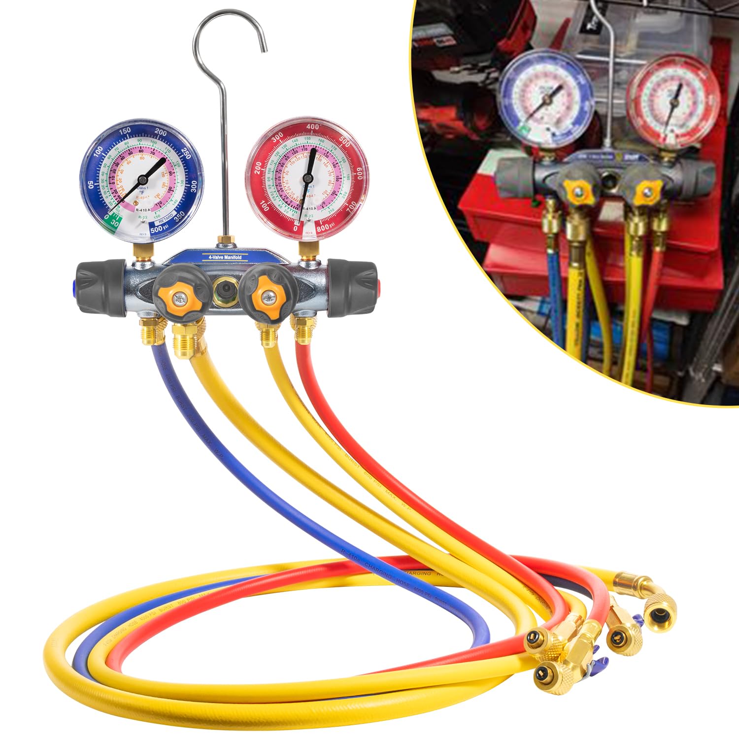Photo 1 of 49968 Charging Manifold and 4 Valve Test, A/C Manifold Gauge Tool Set, with 60" Hoses and 3/8" x 45° Compact Ball Valve Hose Set, Large Double Gauges, for Refrigerant Type R-22, R-404A, R-410A