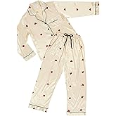 Balla Sleep + Spa Ivory and Red Heart Pattern Satin Polyester Women's 2 Piece Full Length PJ Pajama Sleepwear Lounge Set, Large