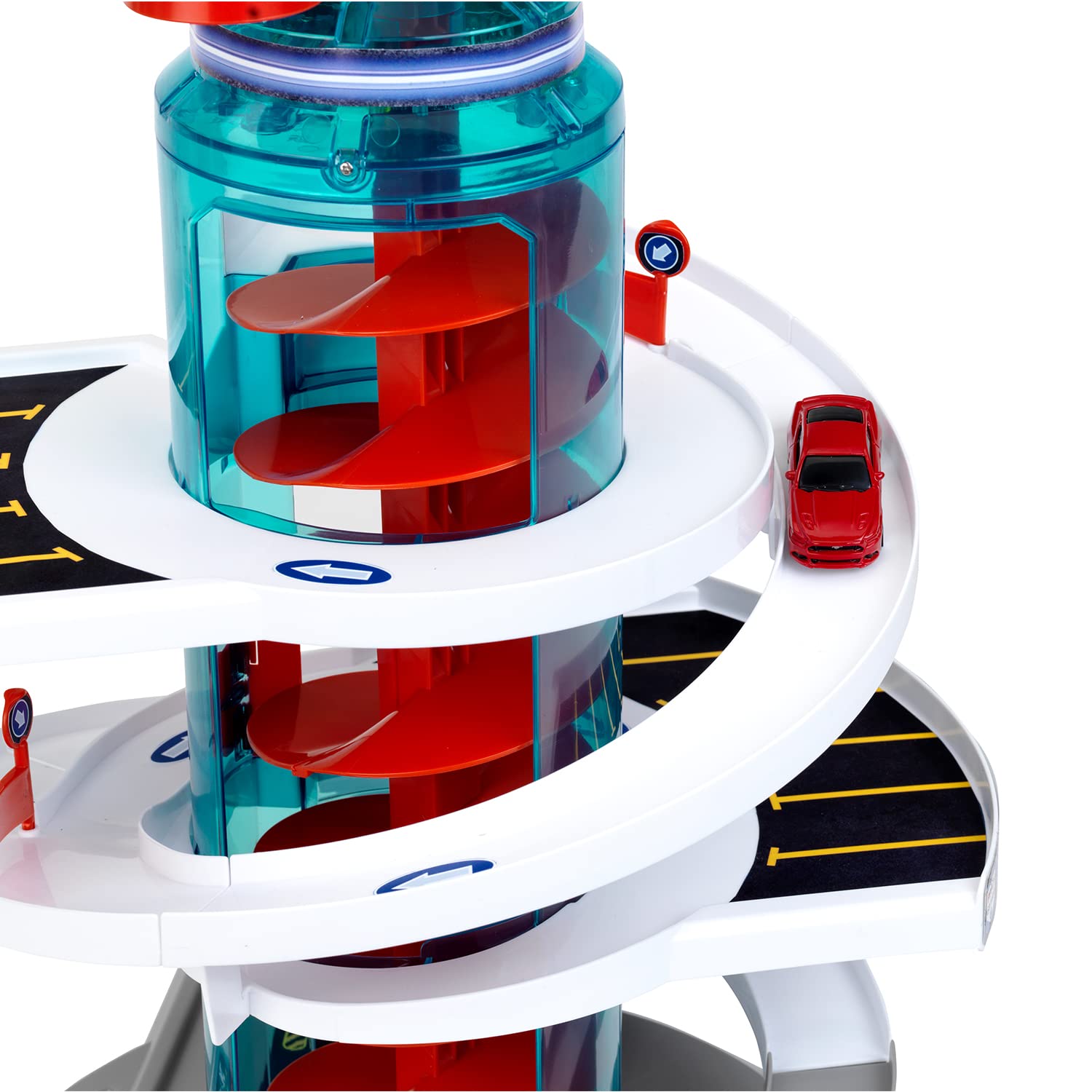 Theo Klein Bosch Car Service Helix Shaped Multi Story Parking Garage Pretend Playset Toy with 2 Toy Cars for Kids Aged 3 and Up