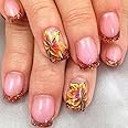 Fall Glitter French Tip Press on Nails Short Square Shaped Fake Nails Maple Leaf Stick on Nails Designs Full Cover False Nails Autumn Glossy Bling Acrylic Nails for Women DIY Manicure 24 Pcs