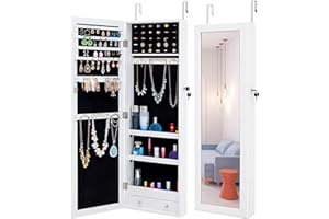 HOUAGI Mirror Jewelry Cabinet,Over The Door Jewelry Armoire Organizer,Lockable Hanging/Wall Mount Mirror with Jewelry Storage
