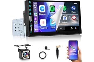 NHOPEEW 7 Inch Single Din Touchscreen Car Stereo - Wireless Carplay & Android Auto - 1 Din HD Touchscreen Car Radio - Voice Control, Bluetooth, Mirror Link, EQ, USB/AUX Port, SWC + 12LED Backup Camera